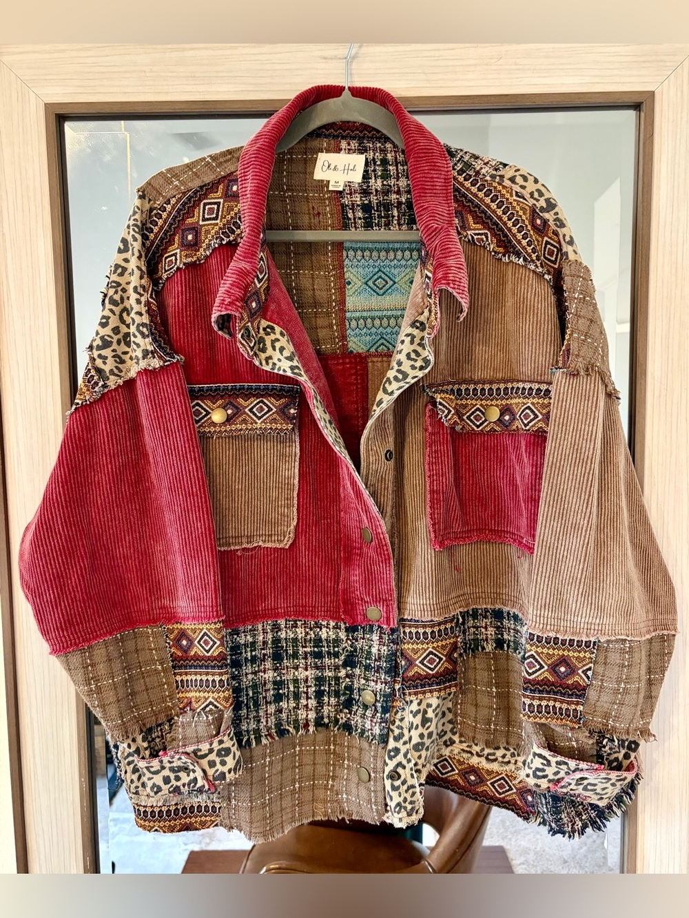Oli & Hali Star Corduroy Patchwork Jacket Red Tan Leopard Oversized Cotton sz M
